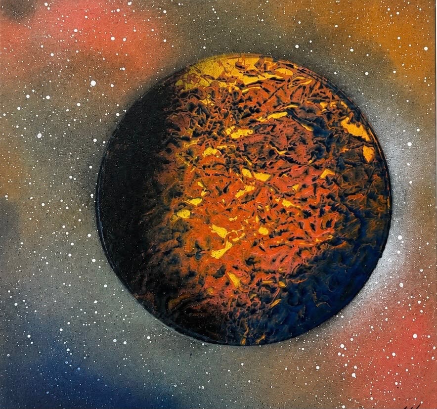 Orange and red textured planet spray artwork