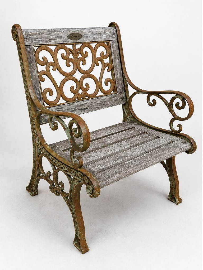 Weathered chair before restoration, angled view