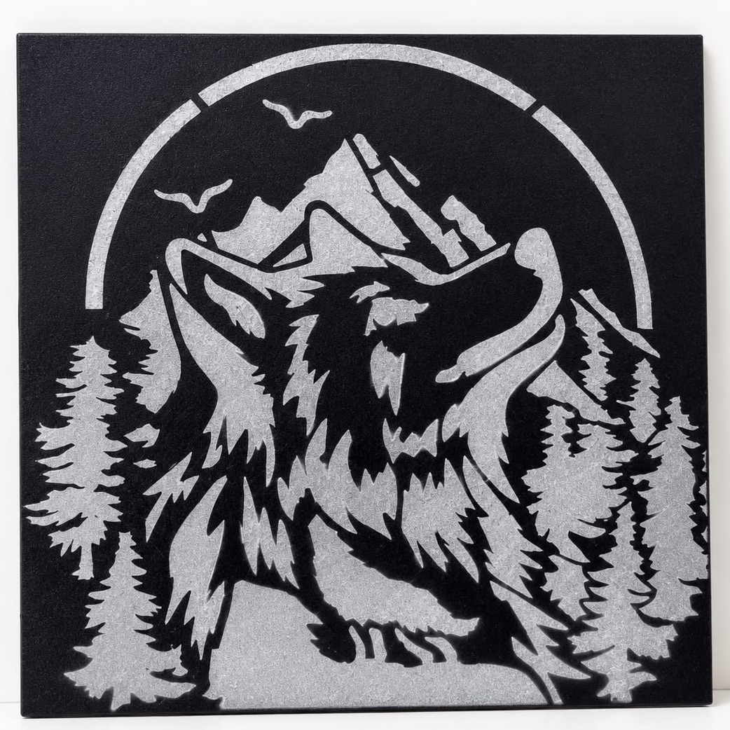 Silver wolf and mountain stencil on a matte black panel
